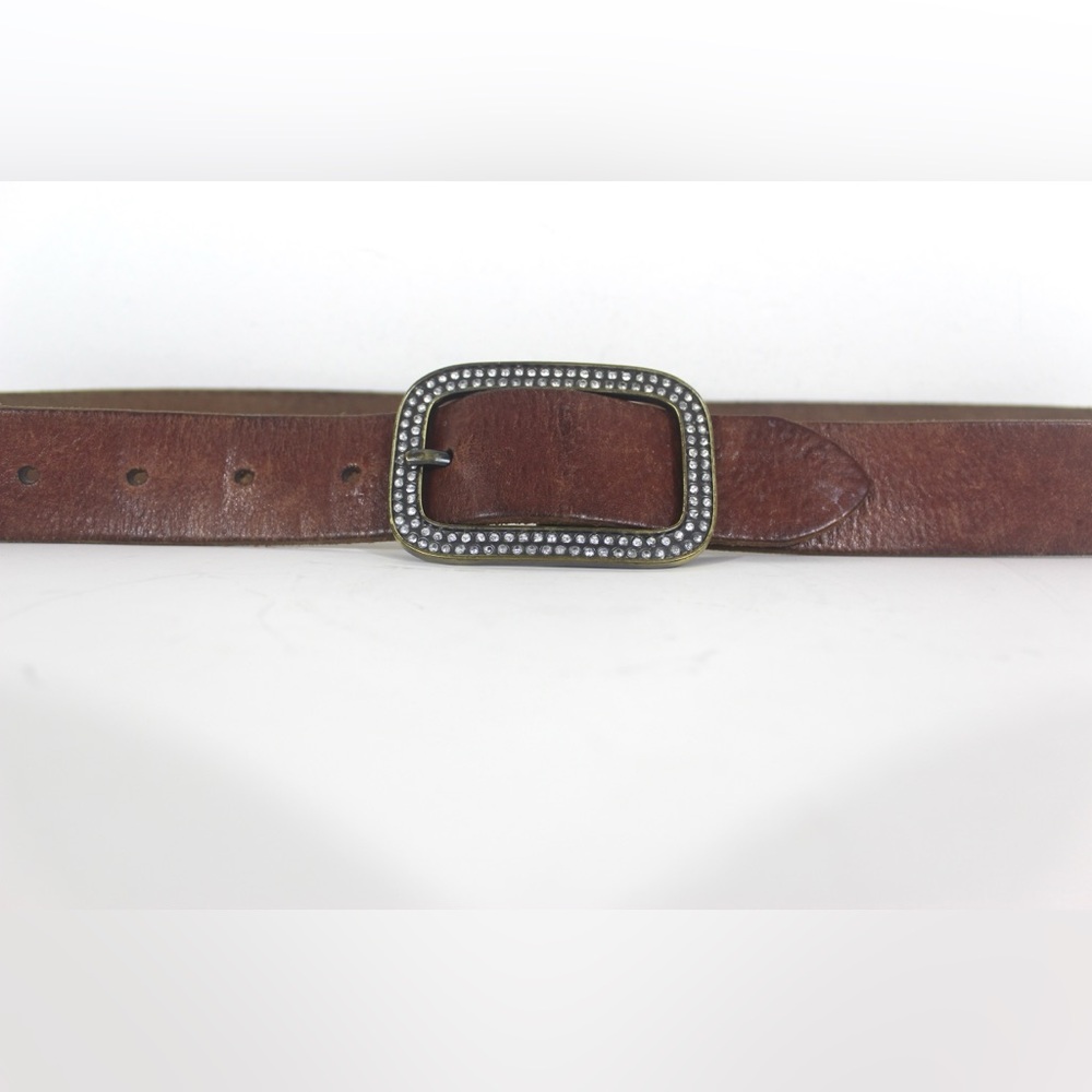 Natural Tan Brown Leather Belt with Rhinestone Buckle with Patina Wear Western